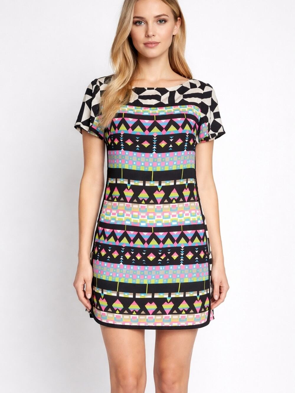 Alice Trixie 100% Silk Geometric Print Boatneck Mini Shift Dress Small S